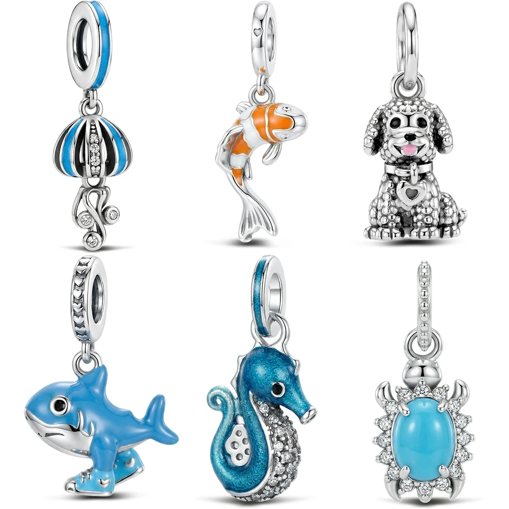 925 Sterling Silver Ocean Animal Charm Jellyfish Koi Shark Seahorse Poodle Turquoise Pendant Fit Bracelet Jewelry Gift For Women