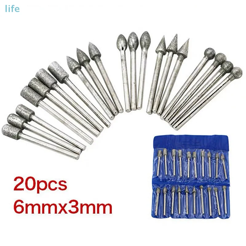 

20pcs Diamond Grinding Heads Mini Bit For Rotary Drill Tool Burrs Grinding Accessories 3mm Shank Tools Kit Abrasive Tool