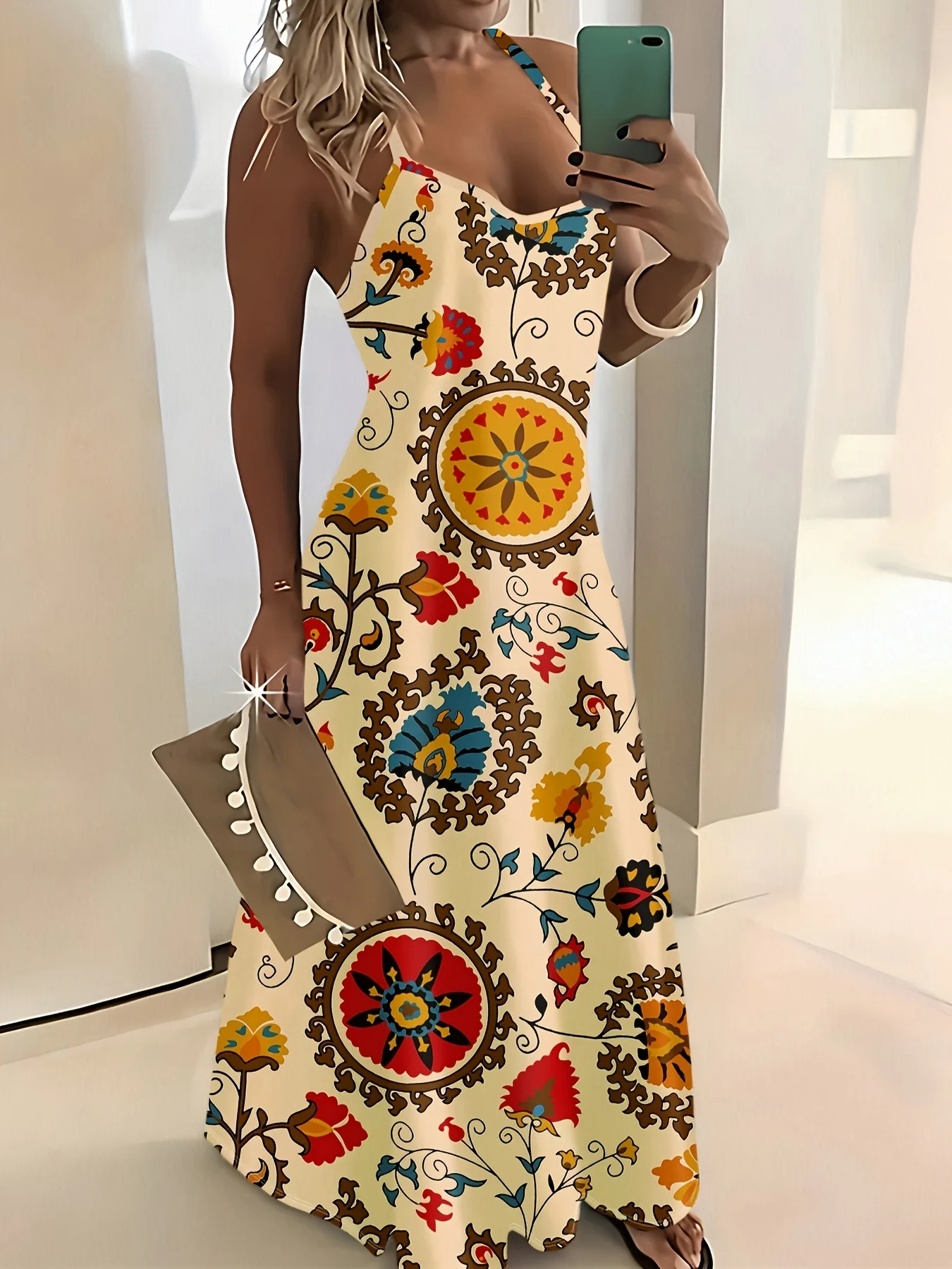 Frühling Herbst Blumenmuster Mandala-Print Lebendige Farben V-Ausschnitt Kleid Damen Lässiges Kurzarm A-Linien Midikleid Mode Sommer