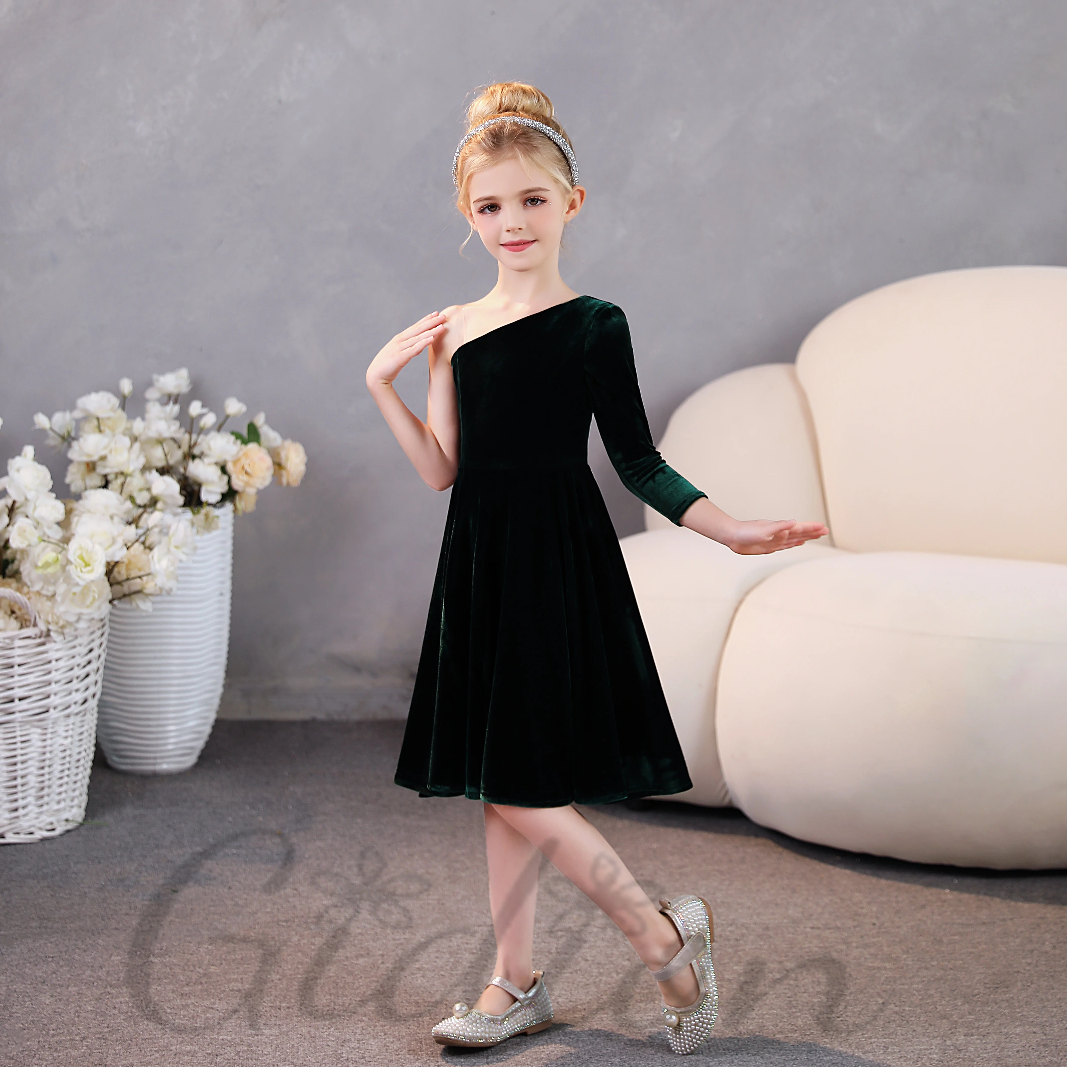 

Velvet Black Green Junior Bridesmaid Dress For Kids Festivity Celebration Wedding Show Banquet Prom Night Any Event Party Ball