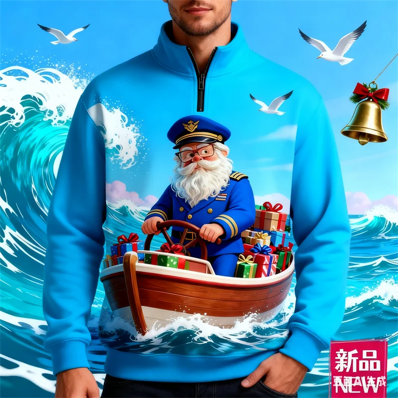 

Funny X'mas Style Pattern Men's Half-Zip Stand Collar Shirt Leisure Fashion 3D Cute Santa Claus Printed Autumn Long sleeve Tops