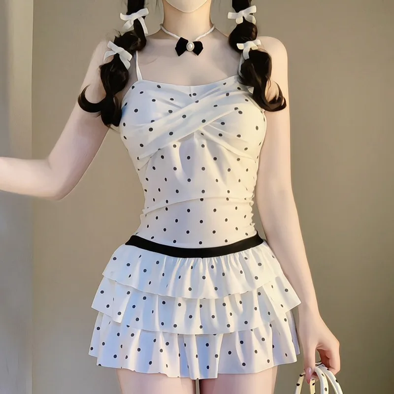 Women's White Polka Dot Skirted One-Piece Swimsuit Spaghetti Strap Tiered Ruffle Tummy Control Bathing Suit for Beach Vacation