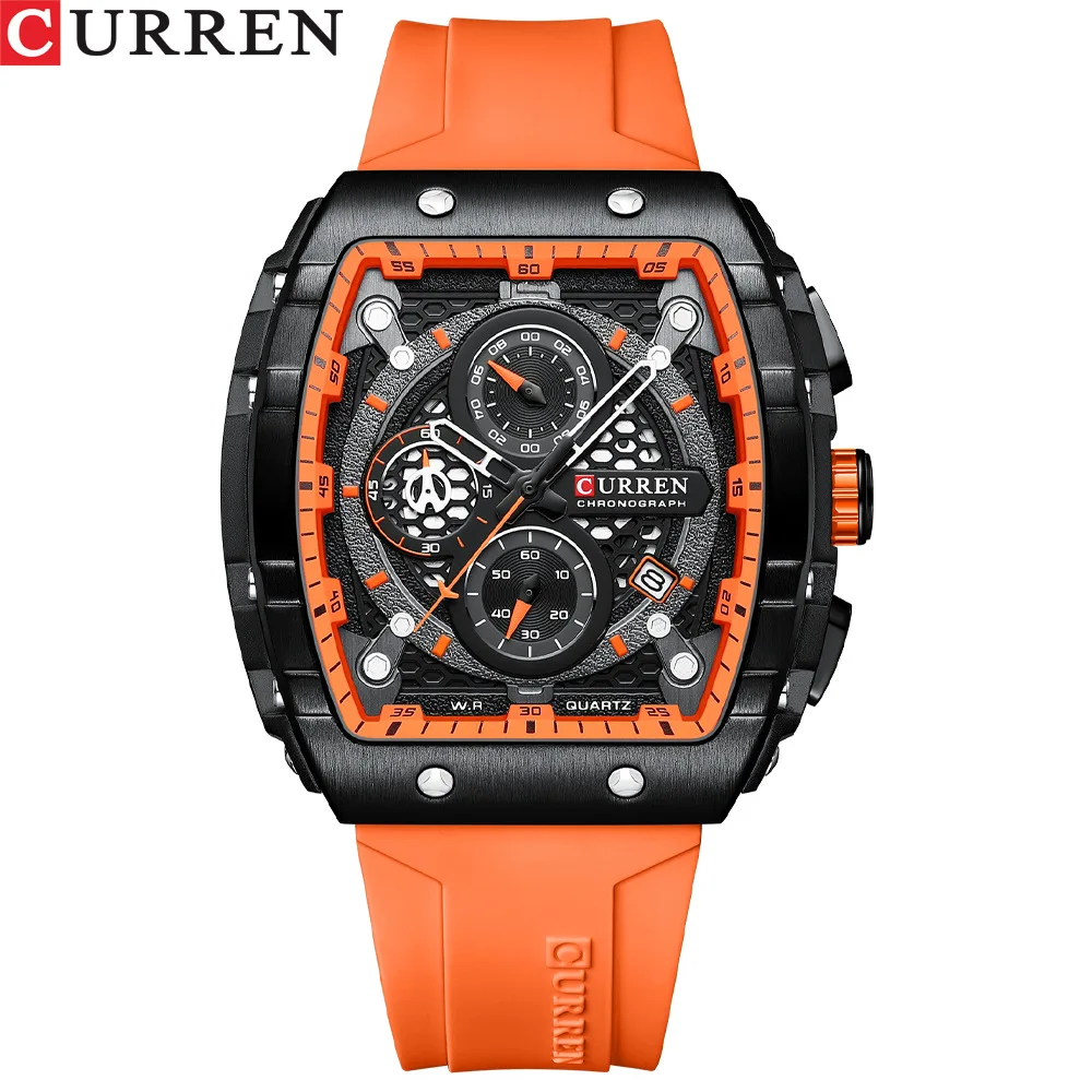 CURREN 8442 Quartz Watch Creative Cool Men Clock Outdoors Silicone Strap Date Chronograph Analog Display Wrist Watches for Men