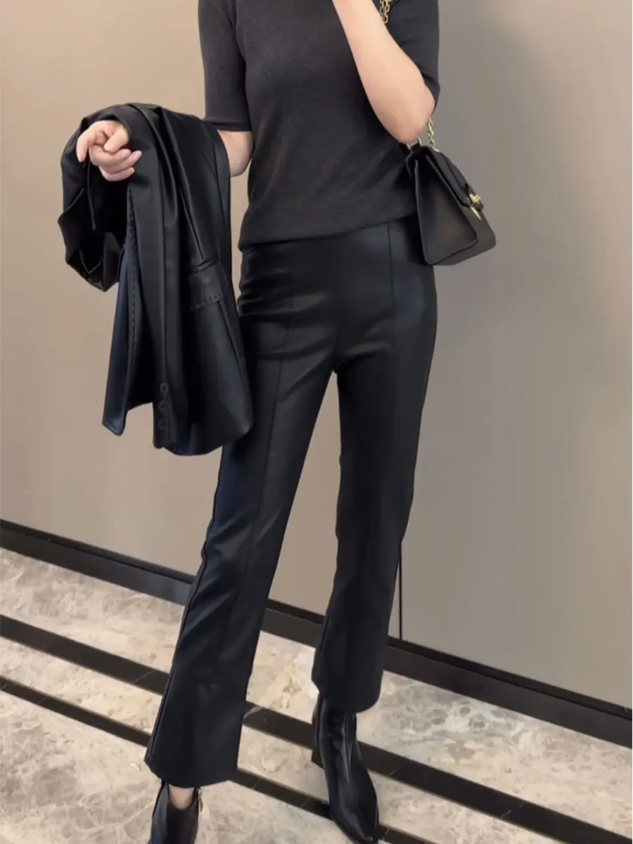 

Модные кожаные брюки для похудения с высокой талией, слегка расклешенные, повседневные, удобные, дышащие, женские, больших размеров, для осени