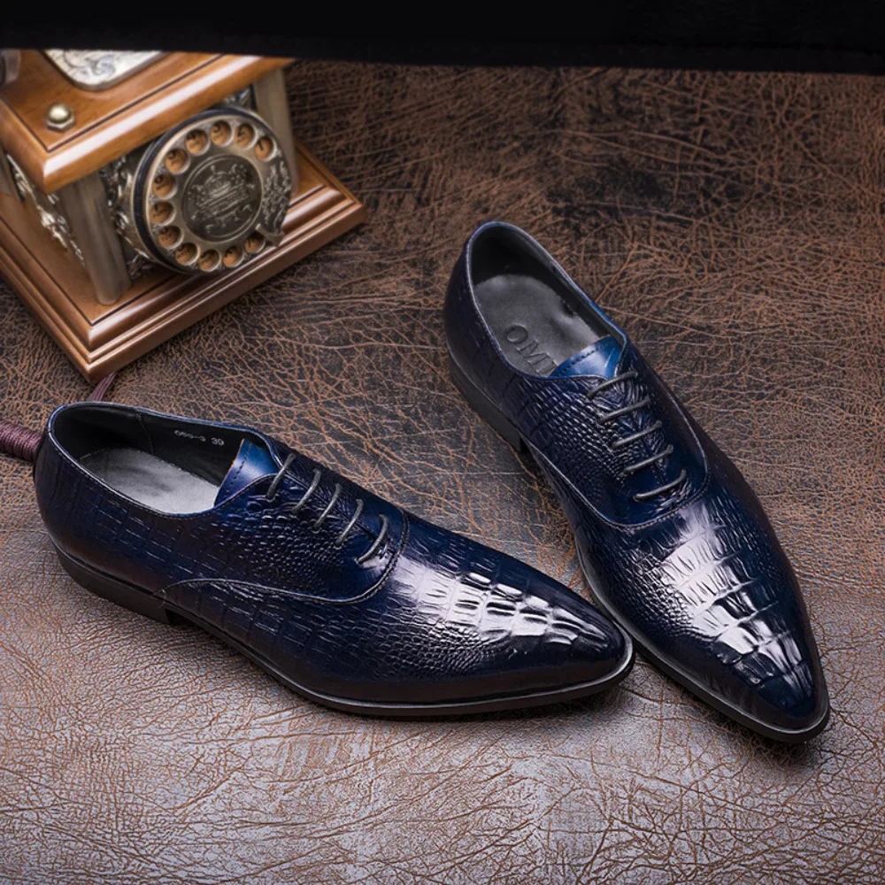 New Spring Summer British Style Business Men Dress Shoes Fashion Crocodile Pattern Printed Leather Lace Up Shoes for Men