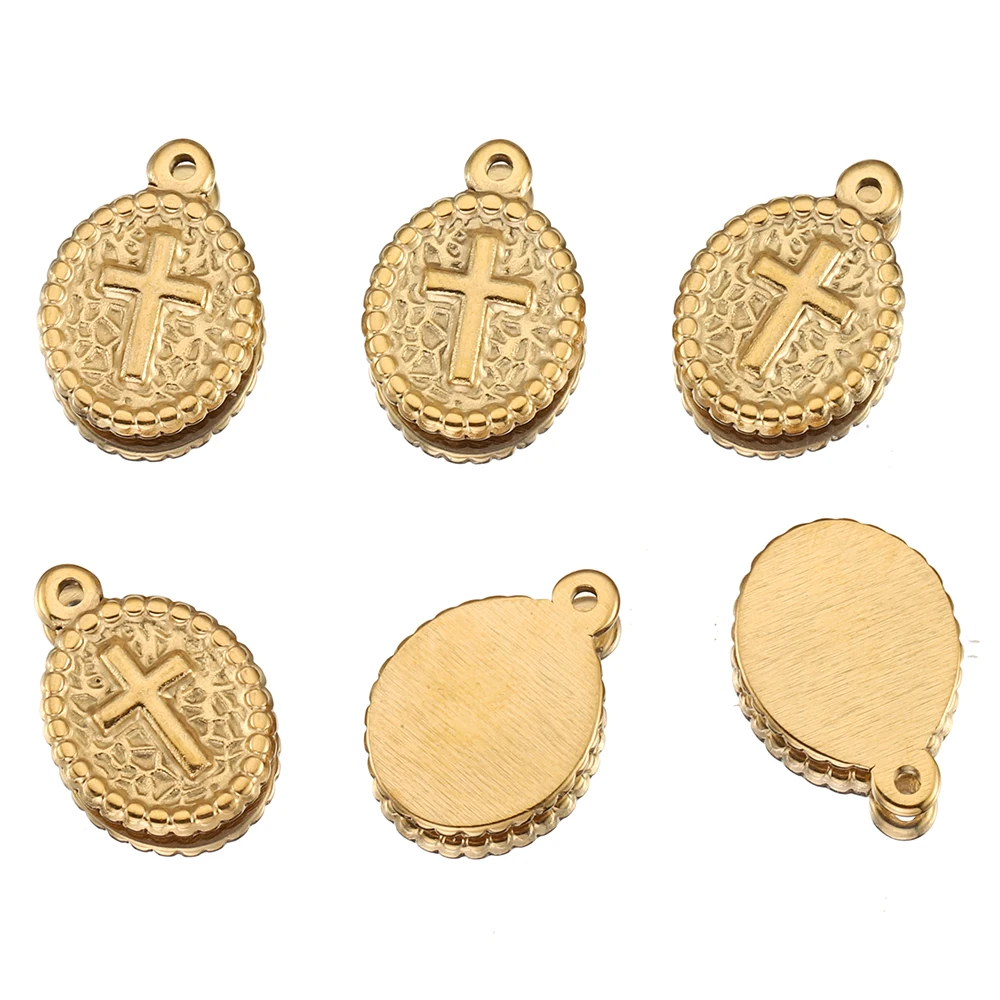 5 Pieces of Stainless Steel Vintage Embossed Oval Cross Pendant DIY Earrings Necklace Jewelry Making Accessories