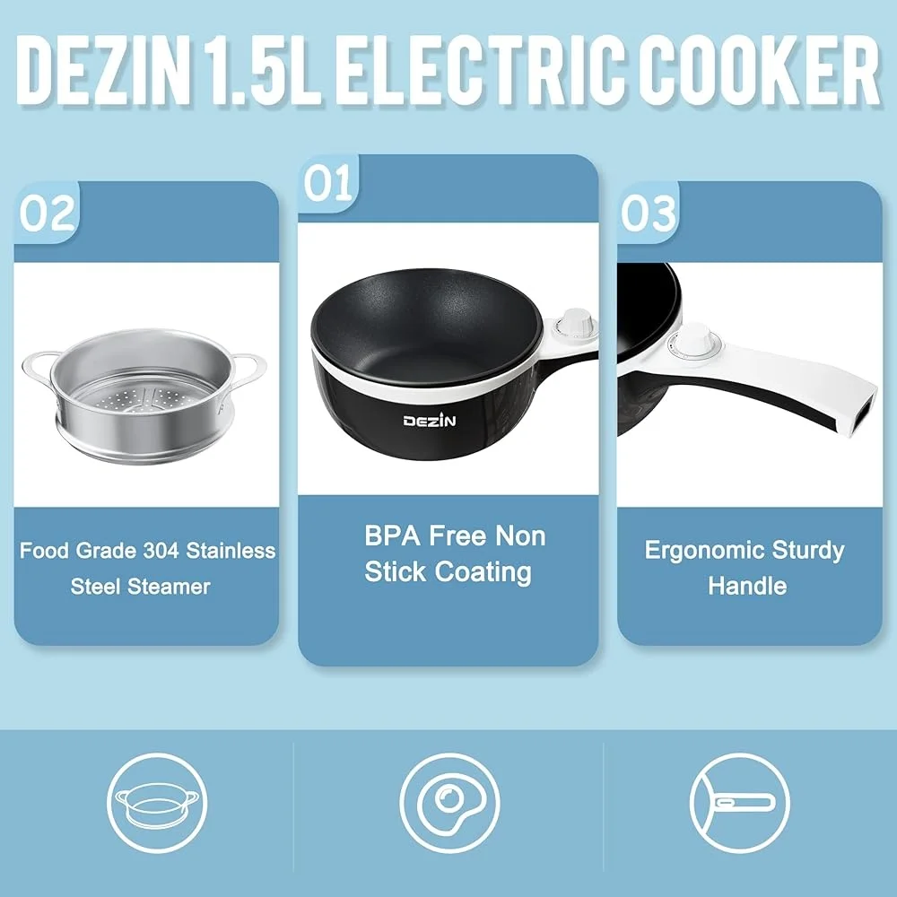 Electric Hot Pot with Steamer Non-Stick Sauté Pan 1.5L Travel Cooker Rapid Noodles Eggs Steak Rice Spatula Included