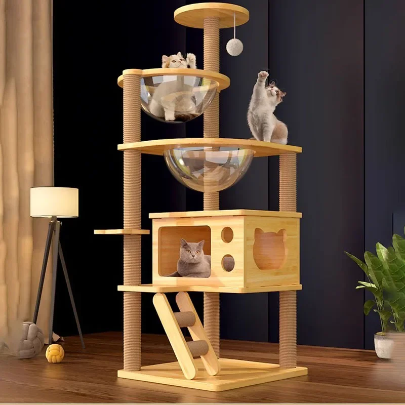 Luxurious Wooden Cat Scratching Post Sturdy Toys Tree House Comfortable Cat Towers Sisal Arranhador Para Gato Pet Products LVPK