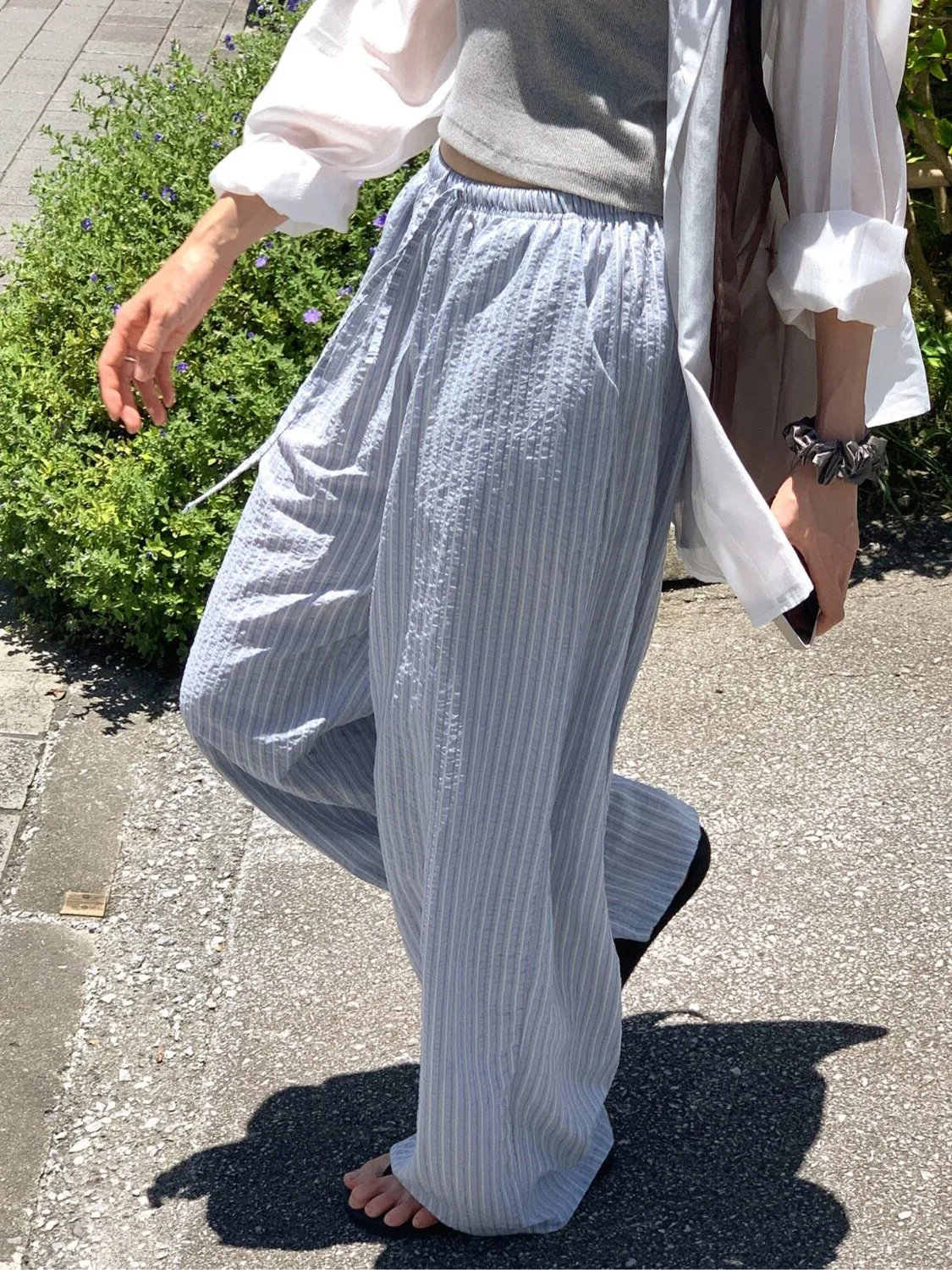 Korean Style Floor-Length Drawstring Pants Women's Breathable Skin-Friendly Striped Casual Loose Fit Trousers