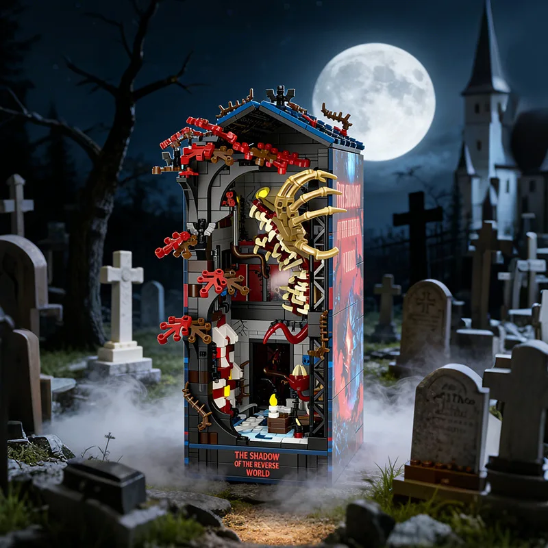 New Book Nook Miniature BUilding Blocks Kit Strangered Vecna Clock Figures Eleven Van Demogorgon 3D Puzzle Bookshelf Kids Gifts