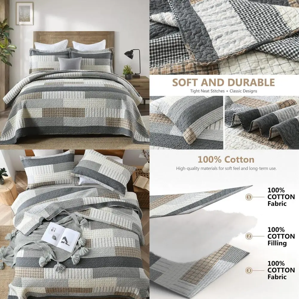 

Cotton Queen Size Patchwork Quilt Set with 3-Piece Plaid Farmhouse Style Bedding