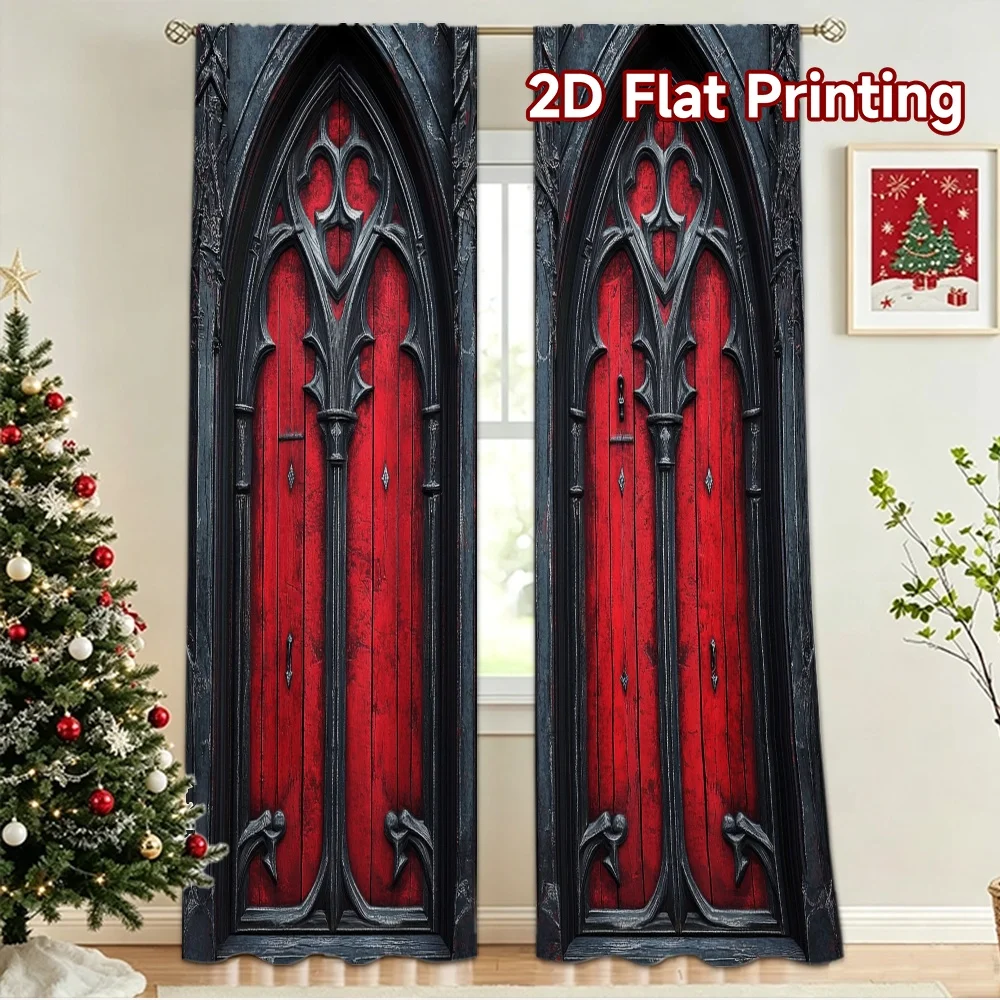 2D flat 2pcs Curtain Country Style Gothic Red Cathedral Doors Durable polyester fiber Party & Holiday Decor Perfect for New Year