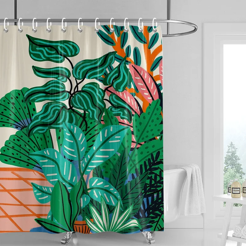 Nordic Simple Style Morandi Shower Curtain Abstract Plant Character Pattern Bathroom Bathtub Dual-Use Shower Curtain