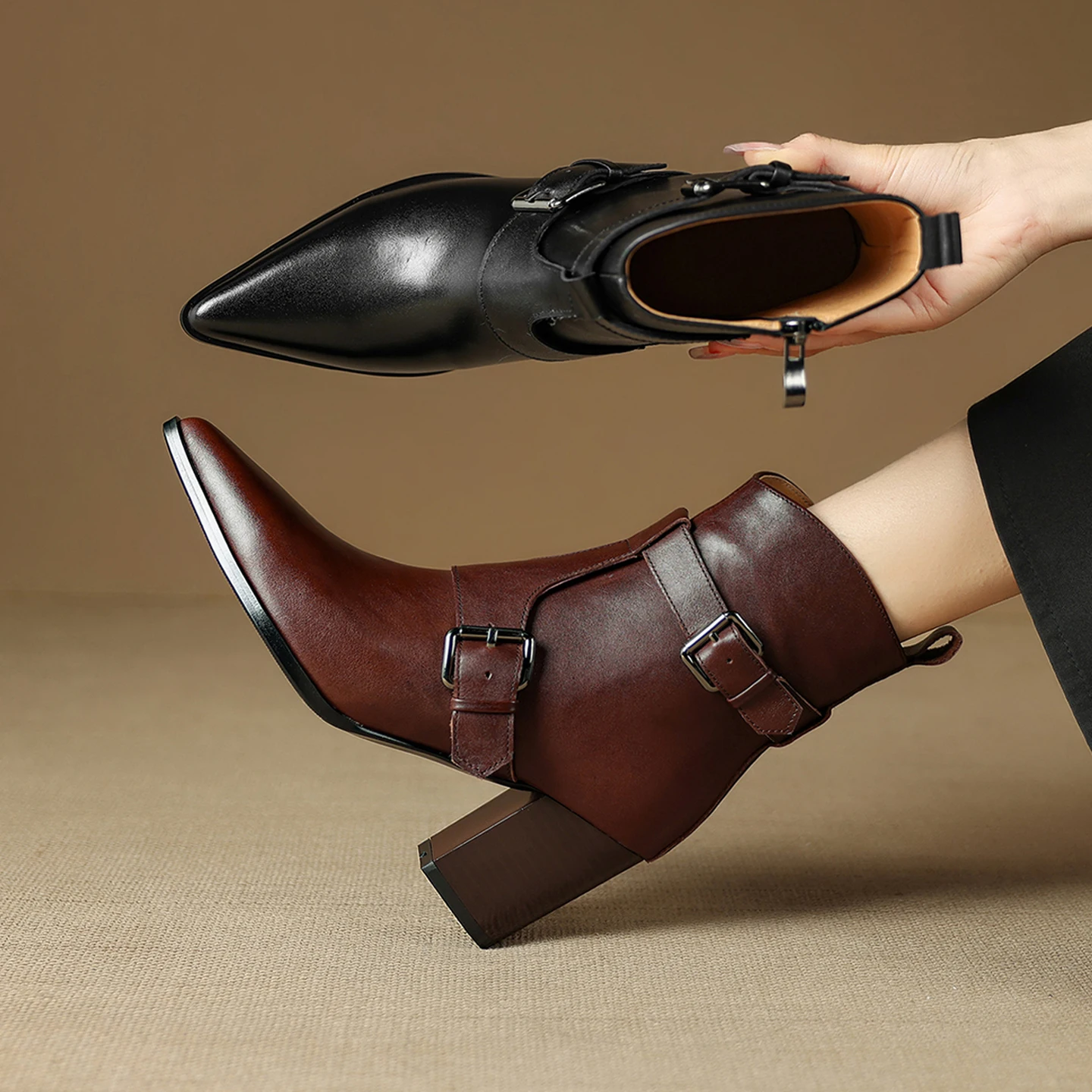2026 new autumn winter women ankle boots natural leather plus size 22-25cm cowhide pointed toe thick heel side zip short boots