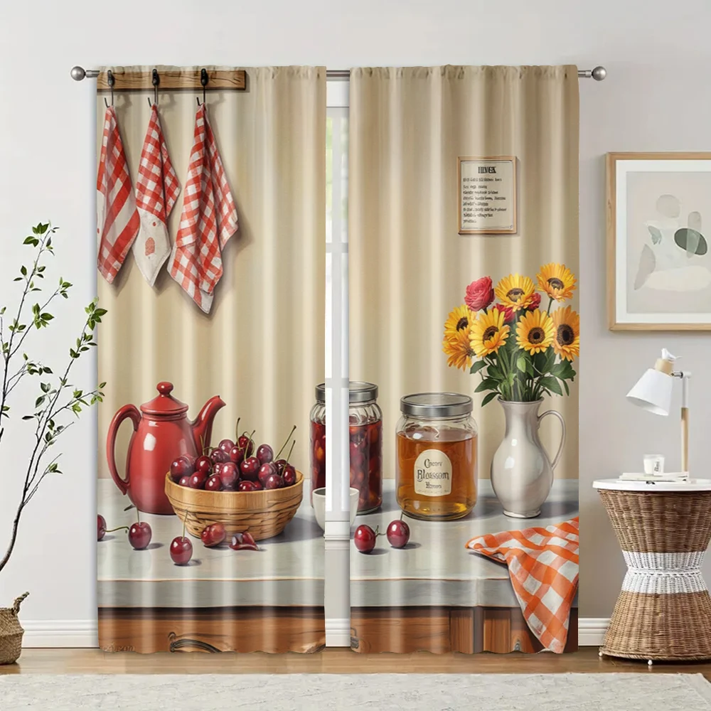 2pcs, Contemporary Curtains 2D print Kitchenware Painting Durable 100% Polyester Fabric (without rod) Versatile All Use for