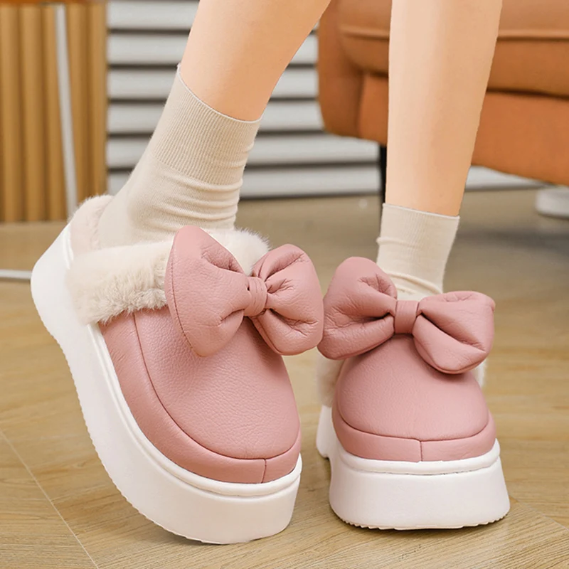 Women Platform Cotton Slippers Fur Flats Winter Mules Suede Shoe Butterfly-knot Decoration Home Comfortable Casual Slipper 36-41