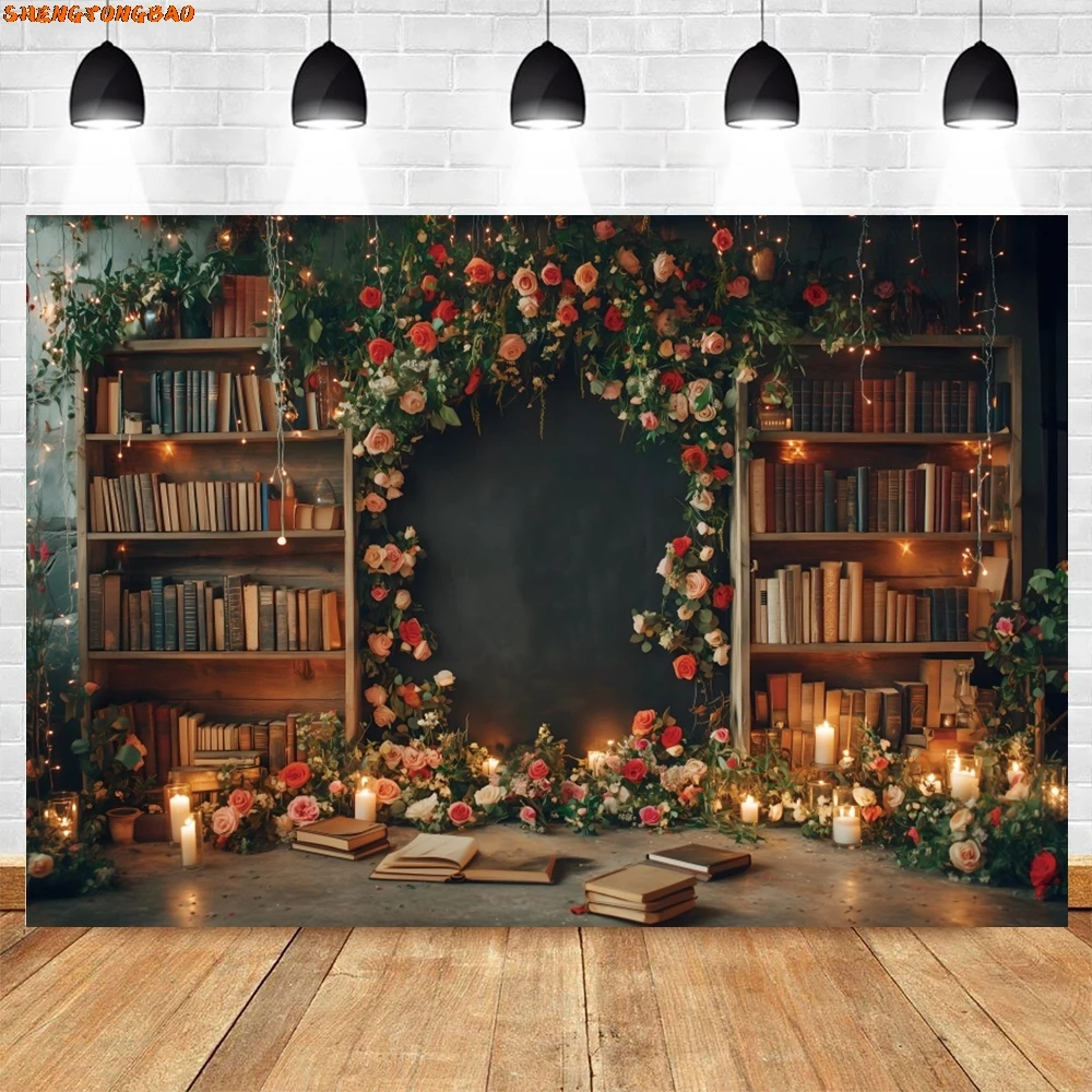 Vintage Wall ชั้นวางหนังสือหนังสือฉากหลัง Back to School เด็กทารกถ่ายภาพพื้นหลังตกแต่งแบนเนอร์ Photo Studio