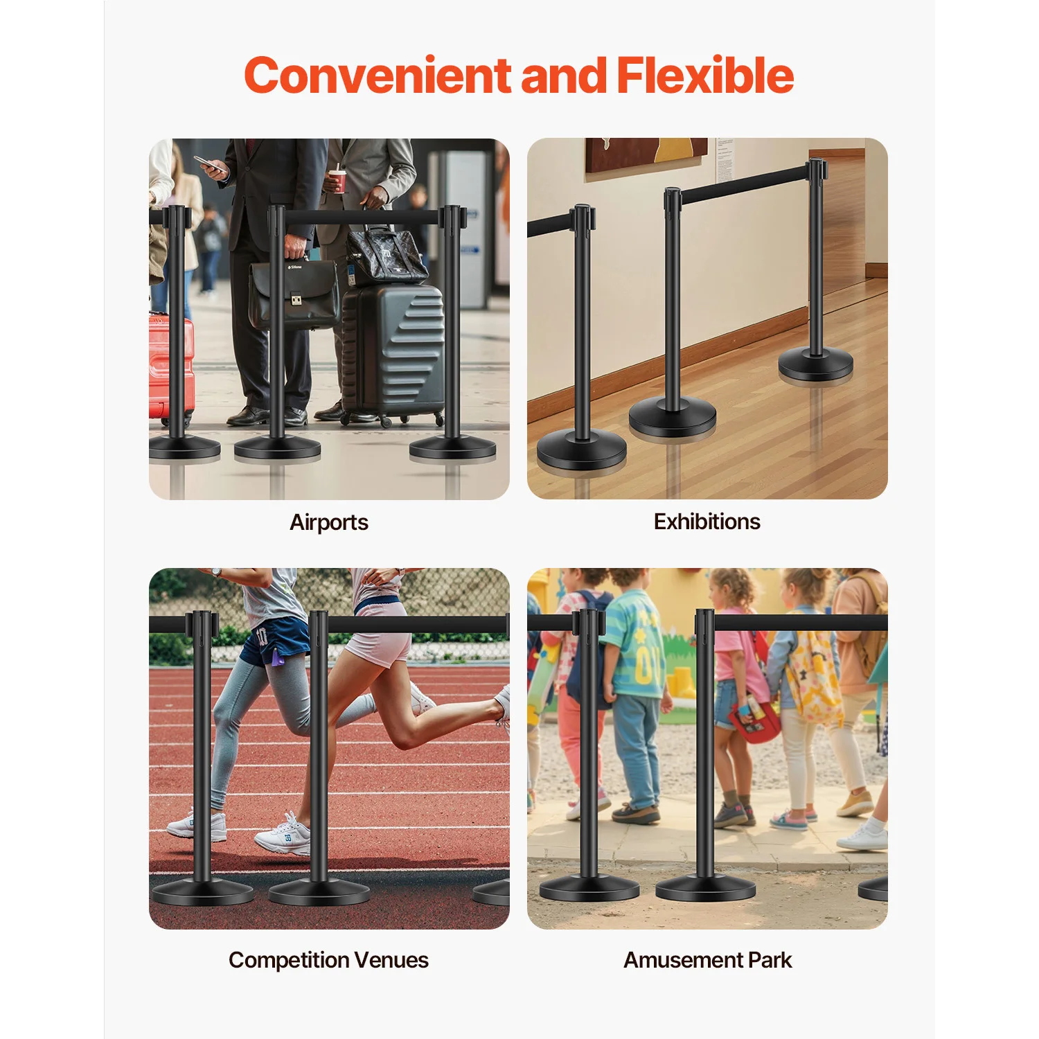 VEVOR Stanchion Post 4/6/8 قطعة من الدعامات المصنوعة من الفولاذ الكربوني مع أحزمة قابلة للسحب وقاعدة قابلة للتعبئة لمعرض حفلات الزفاف المسرحية