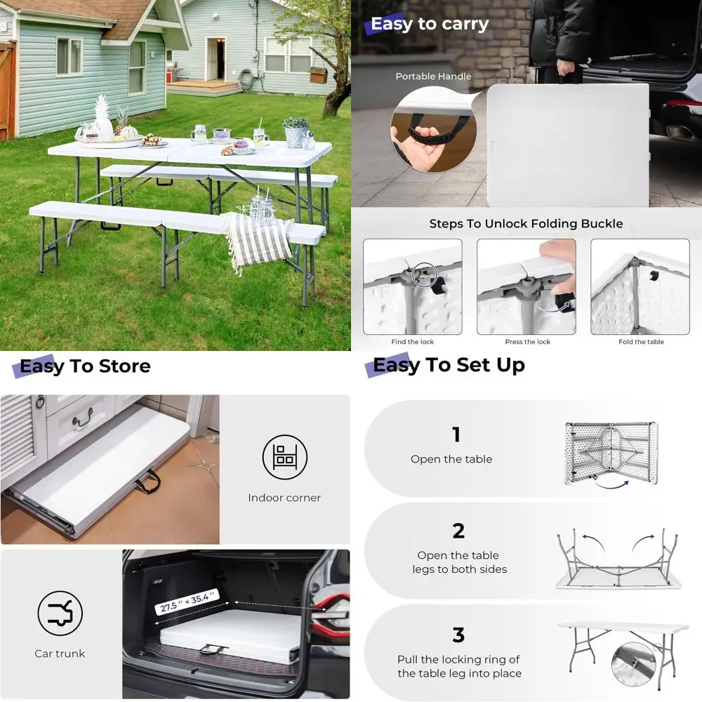 실내, 실외, 캠핑, 피크닉 및 파티용 6피트 헤비듀티 휴대용 플라스틱 접이식 유틸리티 테이블, 화이트