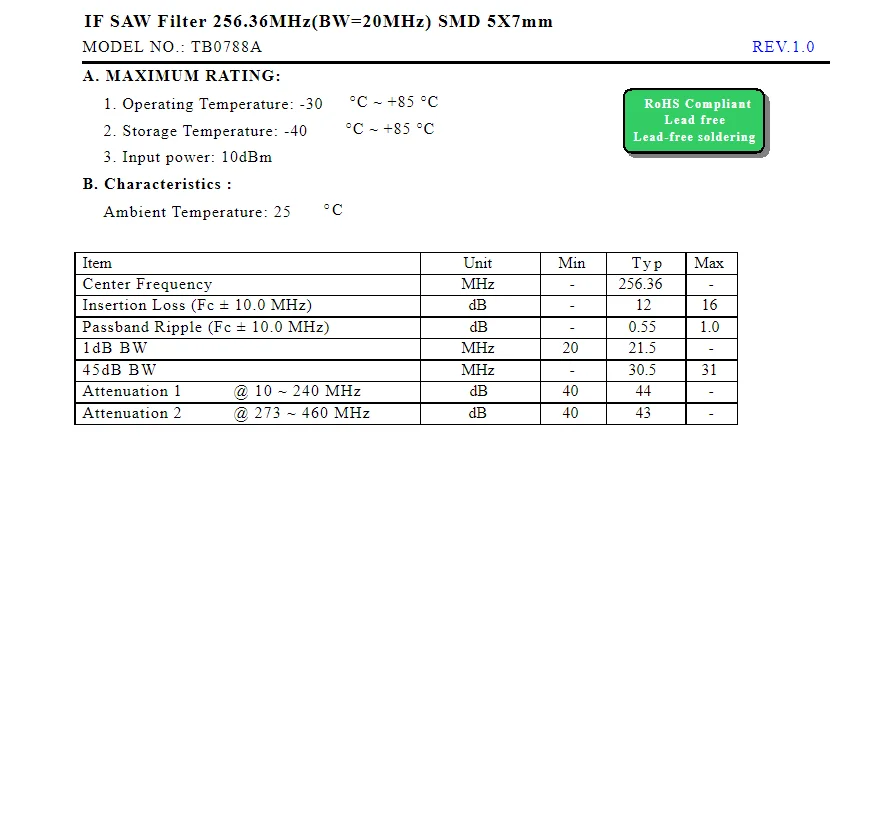 5PCS   TB0788A  code 788 brand new genuine  256.36MHz(BW=20MHz)   packaged SMD IF SAW Filter  in stock