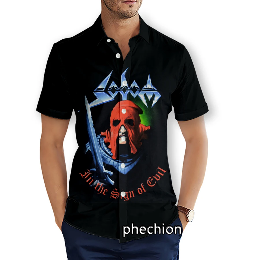 phechion Mens Short Sleeve Beach Shirts Sodom Band 3D Print Casual Shirts Fashion Streetwear Men Tops X251