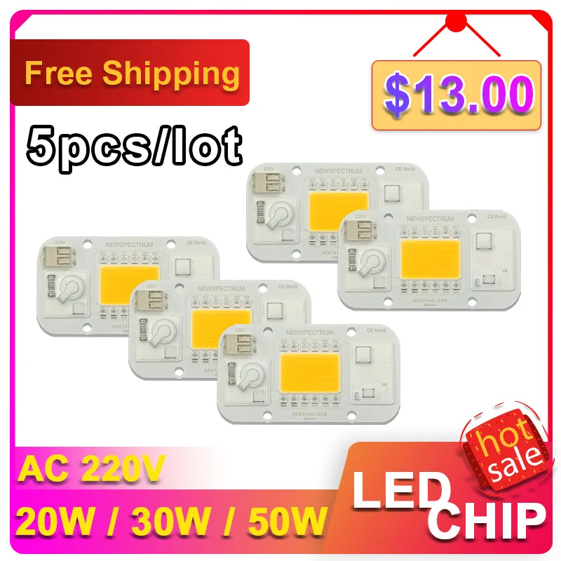 5Pcs/Lot Grow Light 660nm Ultraviolet Input AC 110V/220V 50w Indoor Greenhouse Plant Lighting COB Chip