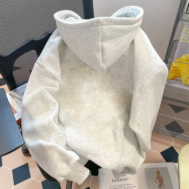 Cartoon Hooded Sweatshirt American High Street Design White Gray 2024 Autumn Winter New Loose Trendy Brand Mid-Length Top