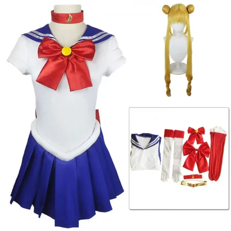 High Quality  Anime Sailor and  Moon Cosplay Costumes Tsukino Usagi Uniform Adult Kid Dress Wig Halloween Costumes for Women Clo