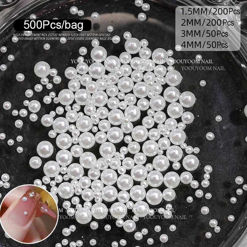 

200/500pcs/bag White Pearls Nail Beads Rhinestone Round Mixed Size Beige Pearls for DIY Manicure Decoration Bead Nail Decoration