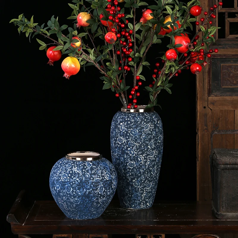 Chinese Living Room Retro Blue and White Tabletop Flower Arrangement Ceramic Flower Vase , Dried Flower Hydroponic Flowerpot