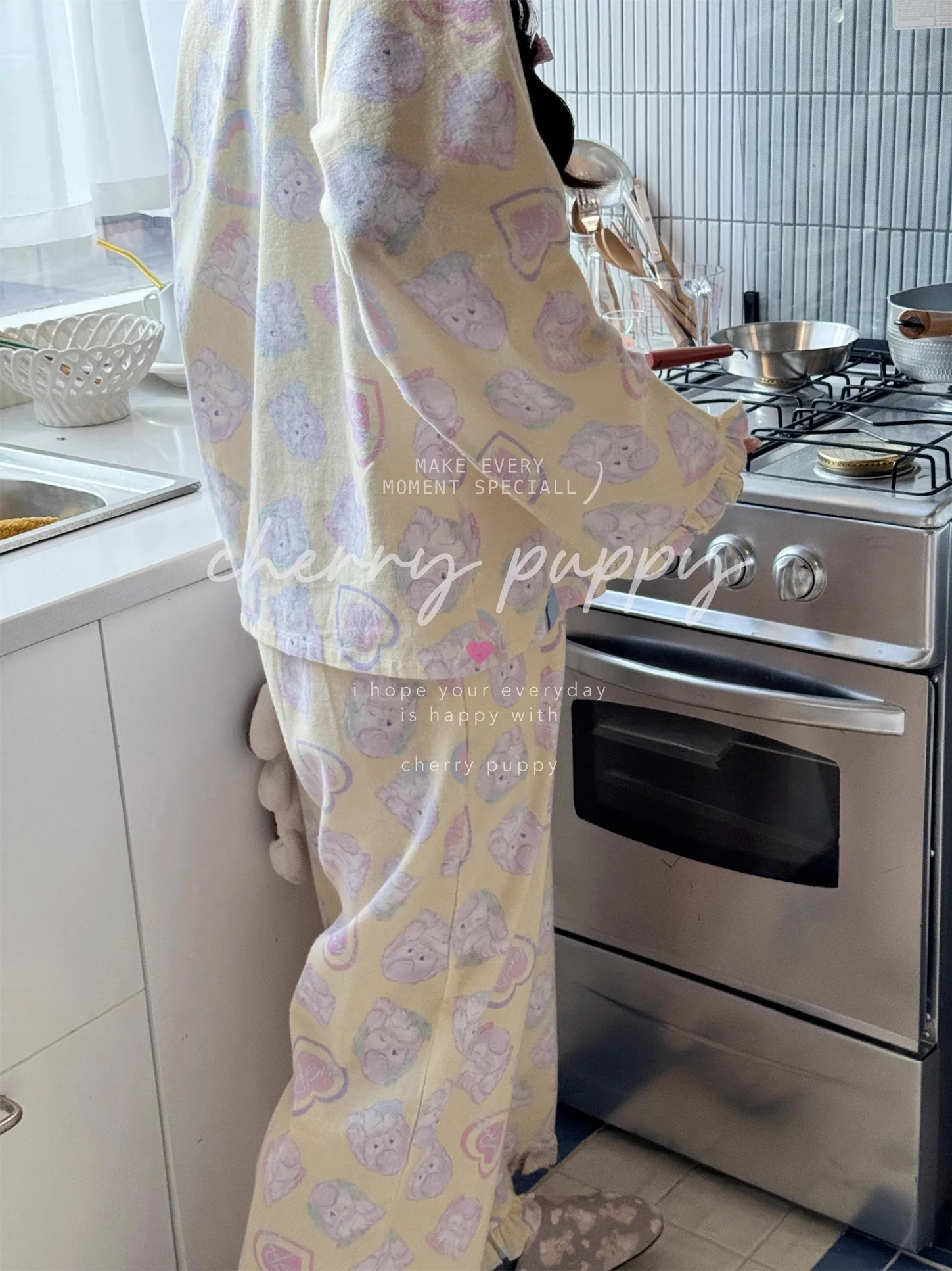 Sweet Girl Cartoon Puppy Cotton Polished Long-sleeved Pajamas Japanese Ins Loose Casual Soft Homewear Set