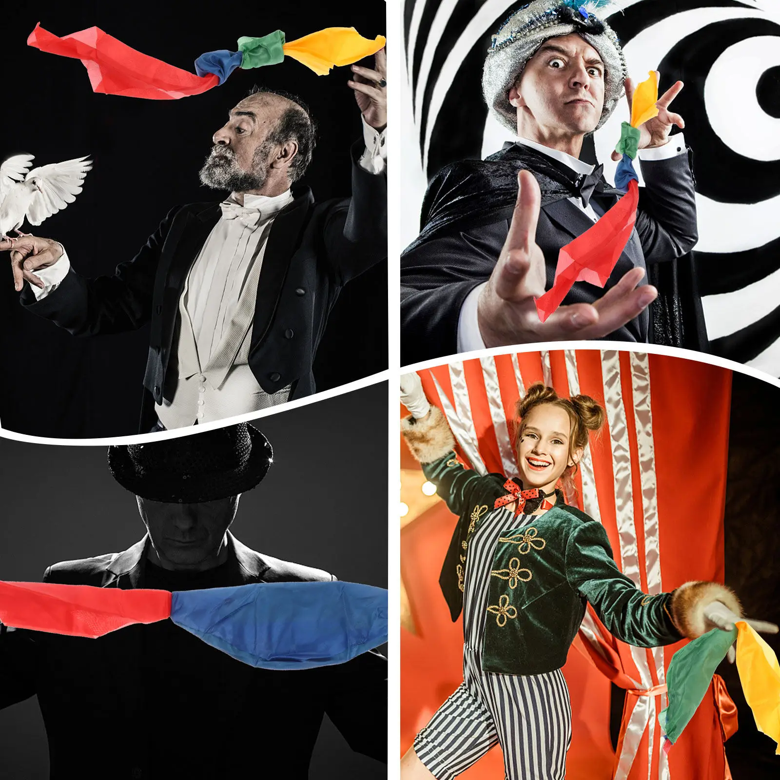 4Pcs Colorful Magician Trick Gimmick Scarf Lightweight Compact Portable for Professional Close Range Easy Store Clean
