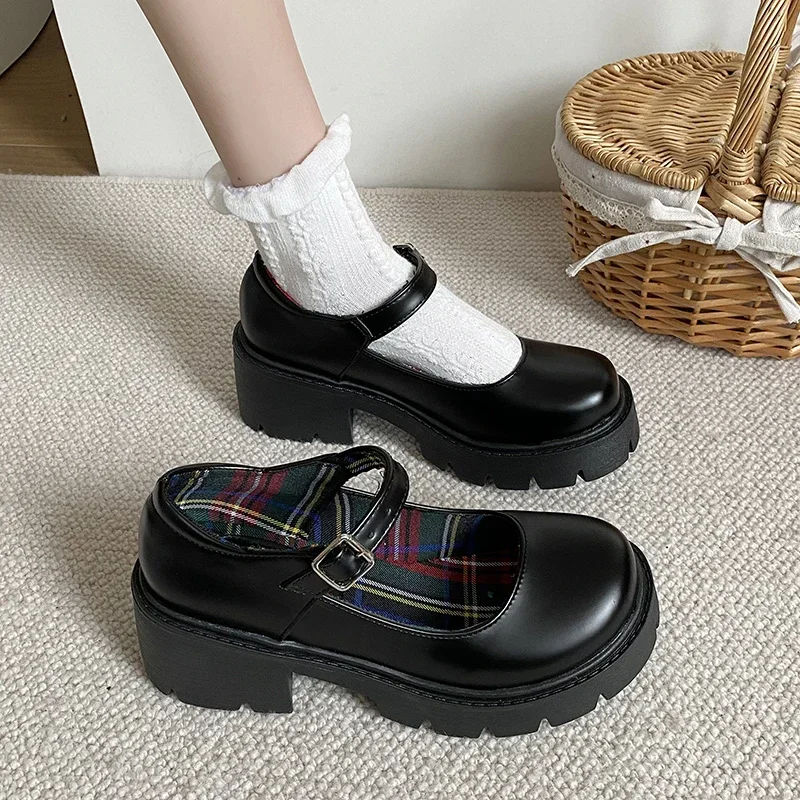 Platform Heels Mary Janes Simple Lolita Shoes Black Platform Shoes Student College Sweet Medium Heel Women's Single Shoes