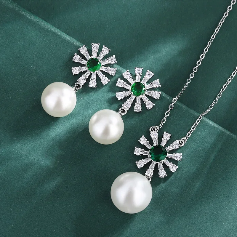 

2024 New Vintage 14mm Pearl Emerald Pendant Necklace Amethyst Chrysanthemum Earrings Women's Jewelry Wedding Anniversary Gift