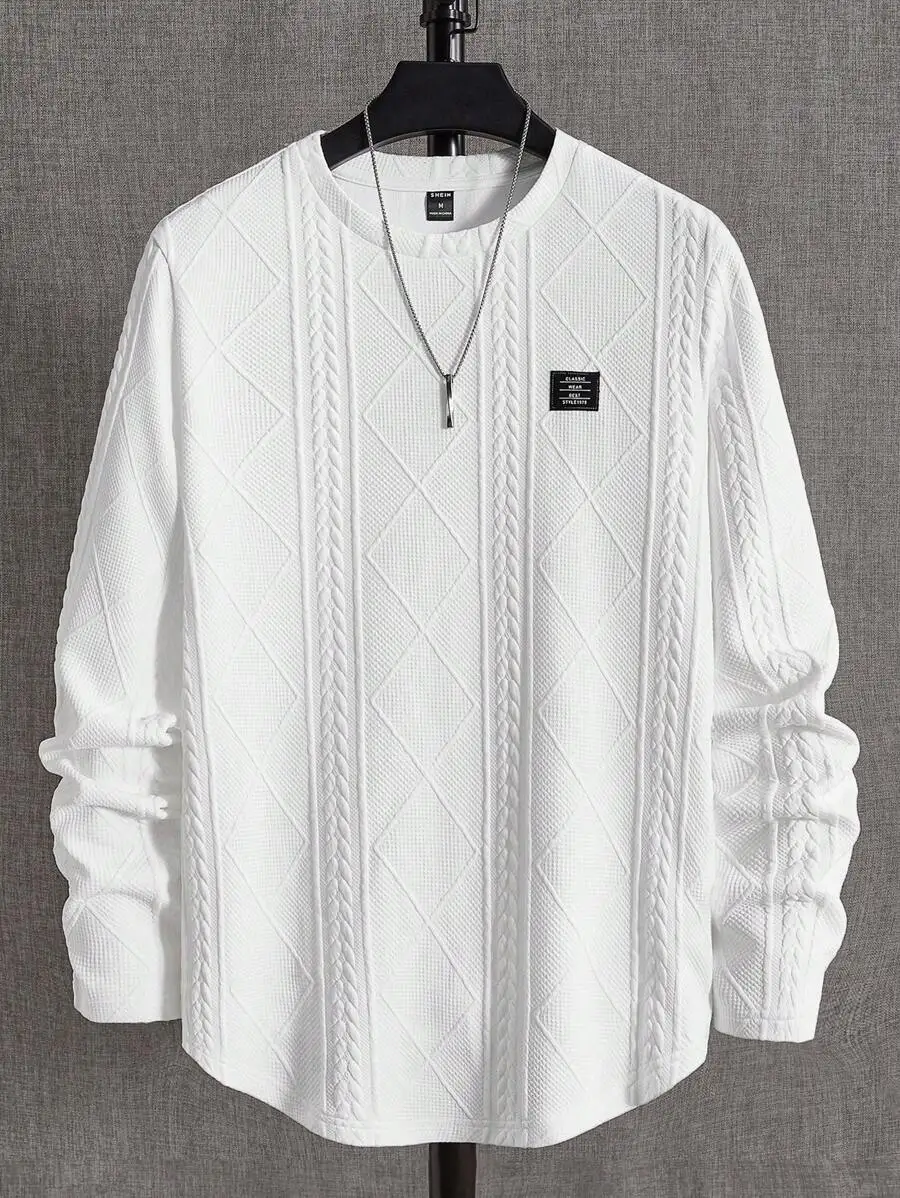 

Белый фактурный вязаный пуловер с длинными рукавами, узором косы и ромбами, повседневный свитер с круглым вырезом