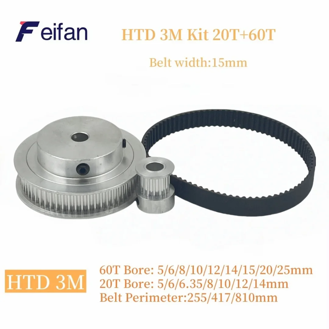 Belt Width 15mm 60T 20T HTD 3M Pulley Set For 3:1 20Teeth 60Teeth Belt Pulleys 3M Synchronous Wheels Kit HTD3M Timing Pulley Set