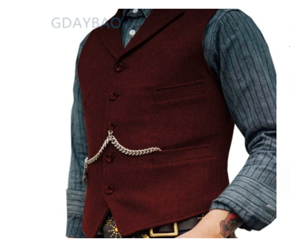 Men\'s Suit Vest Brown Wedding Wool Tweed Business Waistcoat Jacket Casual Slim Fit Gilet Homme Vests For Groosmen Man Wedding