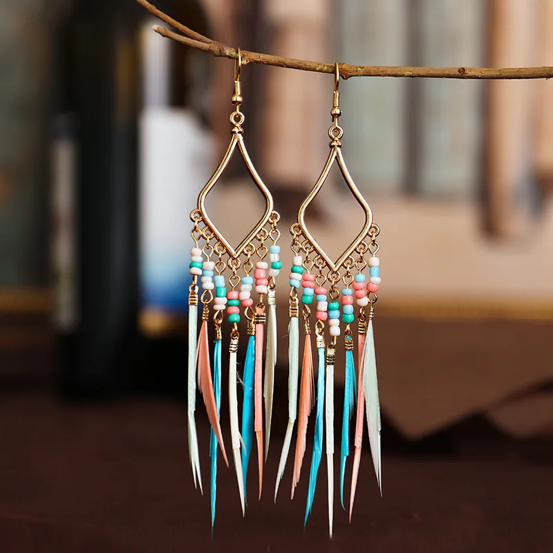 Bohemian Elegant Feather Earrings For Women Ethnic Tassel Beads Long Drop Earring Girls Boho Summer Ear Jewelry Accessories