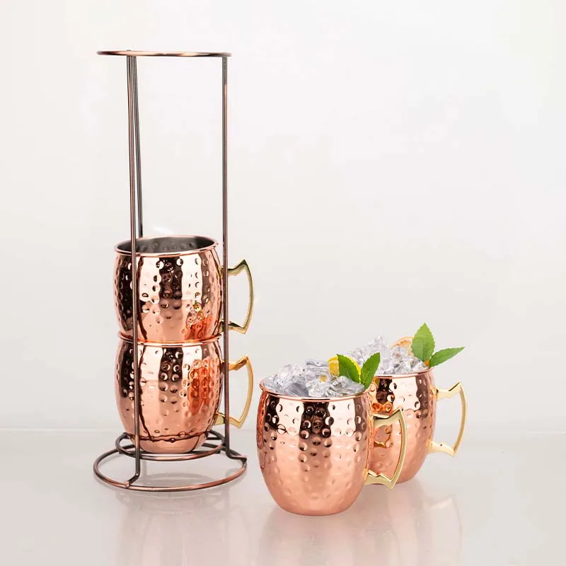 

4PCS 500ml Moscow Mule Mugs Set with Iron Rack – 304 Stainless Steel Hammered Copper Cups for Cocktails, Beer, Whiskey Drinkware