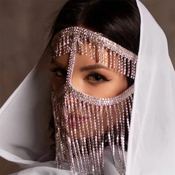 Bling Rhinestone Belly Dance Tassel Masquerade Mask Cover Face Head Jewelry for Women Bling Crystal Wedding Mask Face Decoration