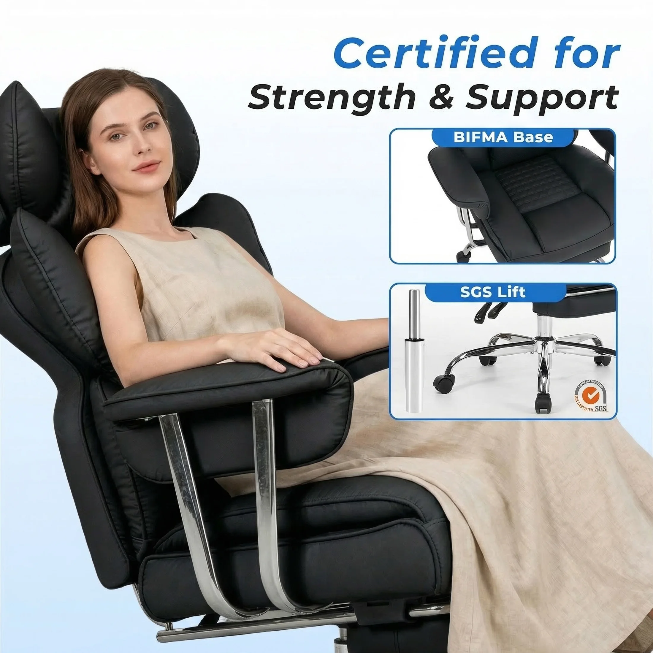 JHK Ergonomic Fixed Armrest Reclining Computer Chair with Pocket PU Leather 350 LBS Office Chair with Footrest Height Adjustable Swivel Wide Seating for Home Office