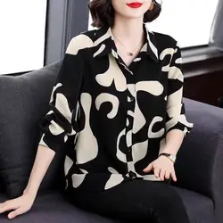 Spring New Floral Loose Button Blouse Long Sleeve Polo Neck Printing Plus Size Office Shirt Tops Casual Fashion Women Clothing