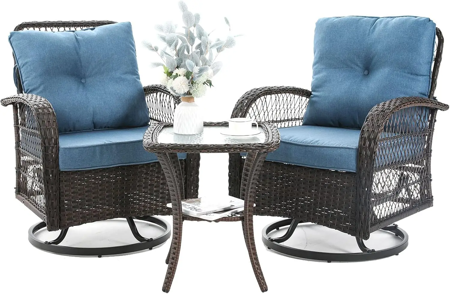 

3 Pieces Furniture Set, Outdoor Swivel Glider Rocker, Wicker Patio Bistro Set with Rocking Chair, Thickened Cushions and Table f