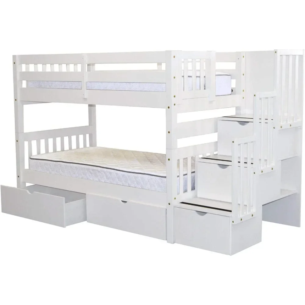 Bunk Bed, Twin Over Twin with 3 Drawers in The Steps and 2 Under Bed Drawers, White,Solid Wood Bunk Beds