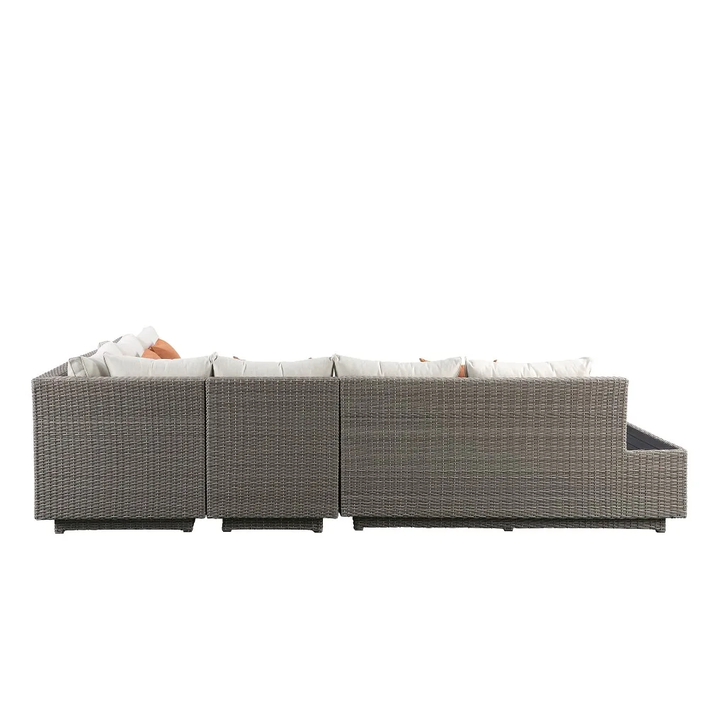 ACME Salena Patio Sectional & Cocktail Table in Beige Fabric & Gray Wicker