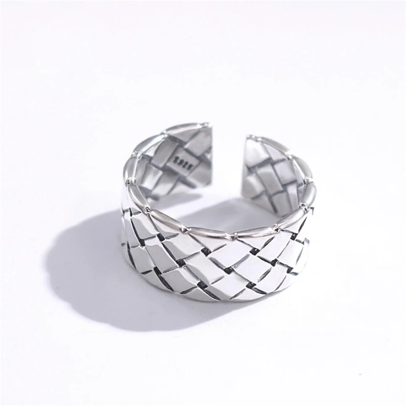 Sole Memory Geometric Retro Woven Mesh 925 Sterling Silver Resizable Opening Ring For Women Luxury Jewelry RI930