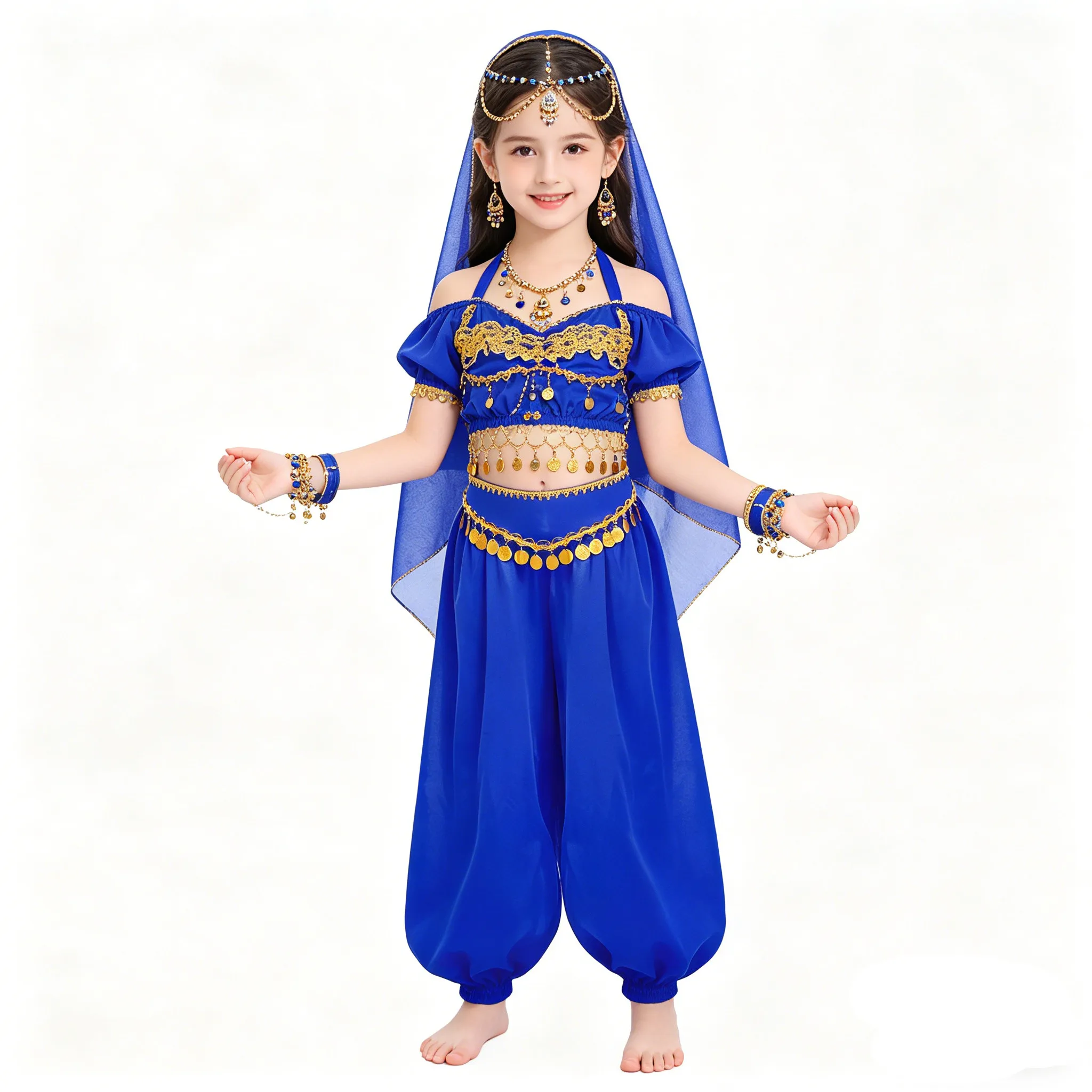 Teen Girls Indian Dance Belly Dancing Performance Clothes Sequin Tassels Loose Zipper Satin Pants Bloomers Arab Princess Costume