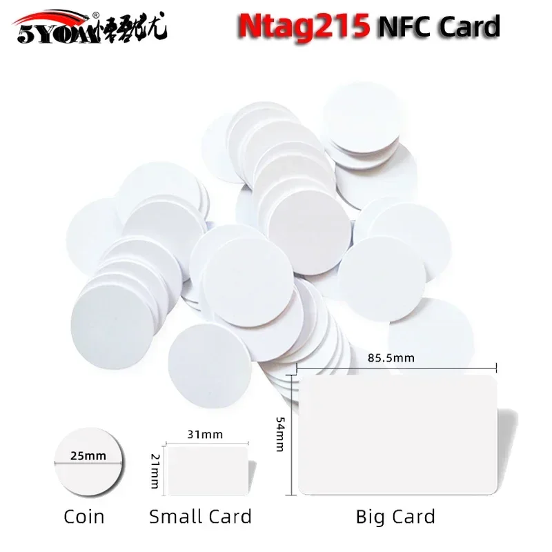 5YOA 100pcs Cartões NFC Ntag215 13.56MHz ISO IEC14443A Moedas de emblemas de chave de PVC à prova d'água 25mm para controle de acesso e pagamentos móveis