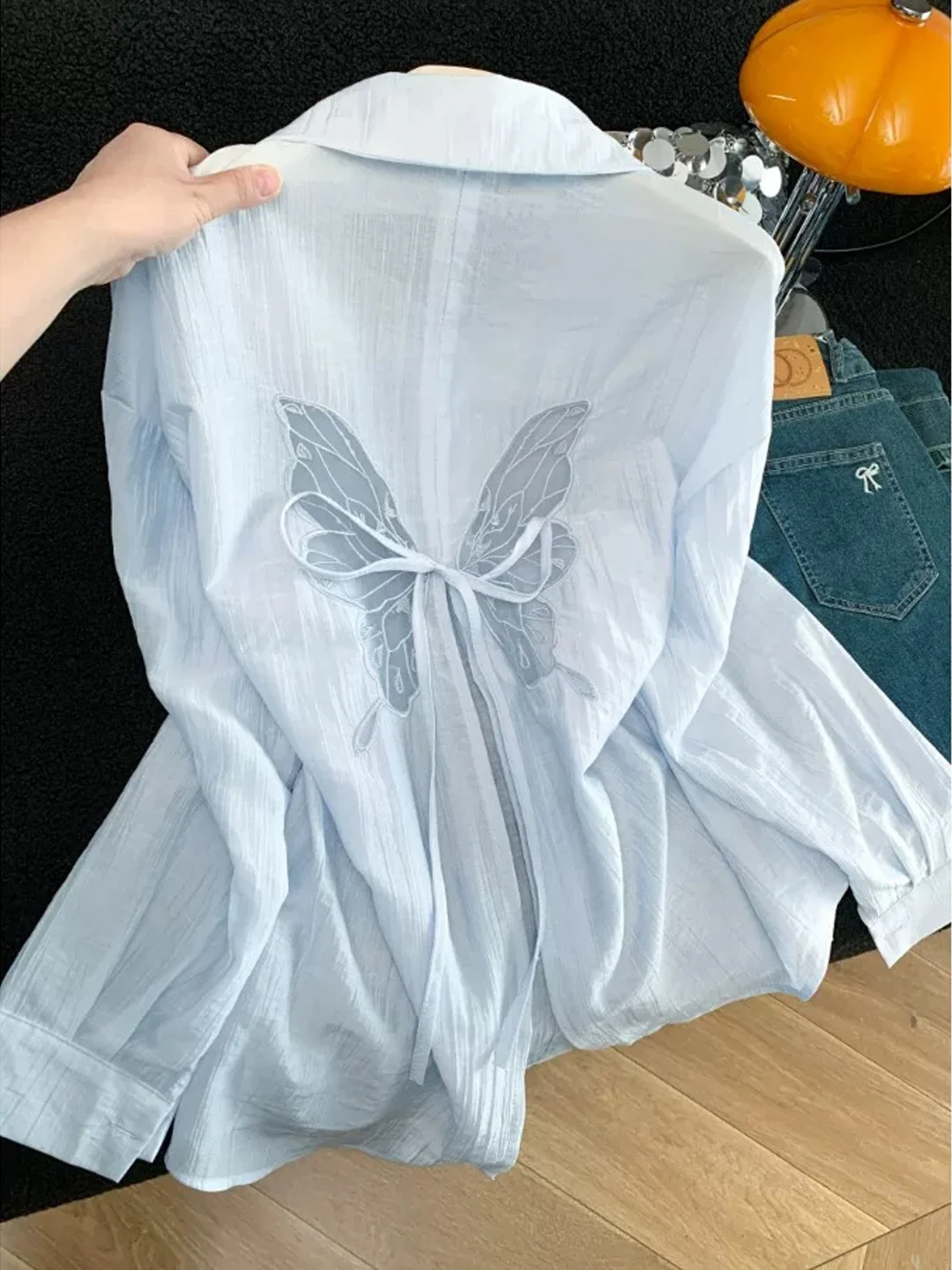 Blue Summer Thin Sun Protection Shirt Back Slit Bow Tie  French Style Loose Fit Long Sleeve  Collar Open Cardigan