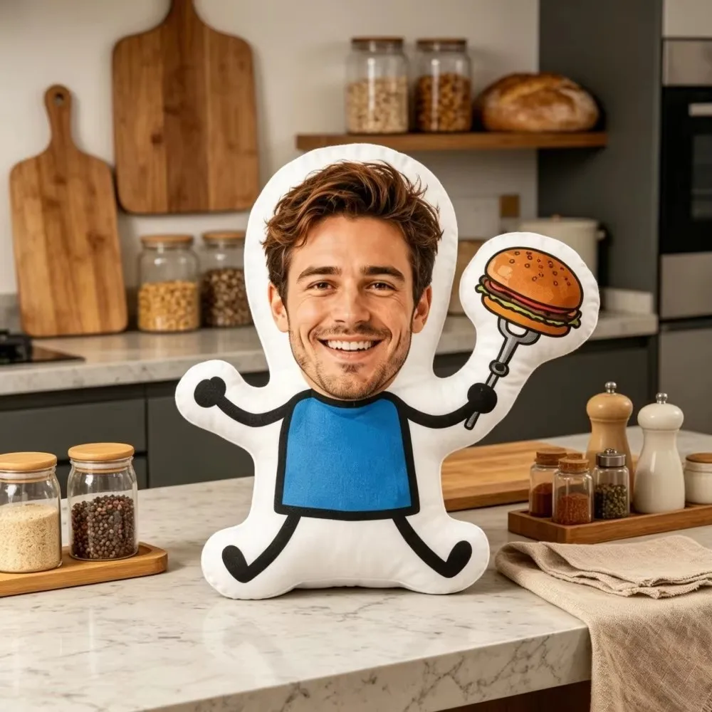 Custom Face‑Shaped Photo Pillow, Cartoon Character Holding Burger, Unique Gift For Multi‑Holiday Family Friends Presents